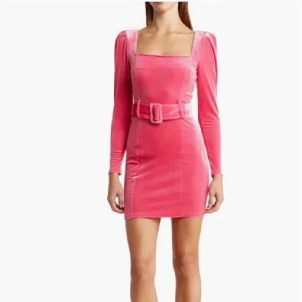 BLUE PEPPER Hot Pink Velvet Long Sleeve Belted Mini Dress L